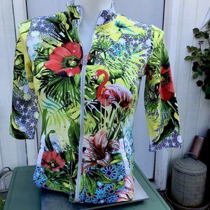 Onque Casual Jacket Woman’s S Multicolored Floral Zip Front 3/4 Sleeve Beaded